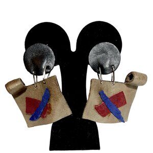 1980s Vintage Large Artisan Leather Suede Green Earrings Drop Style Signed